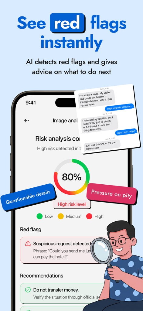 PimEyes AI: AI Checker - PimEyes AI app interface showing a 80 percent high risk level analysis and red flags for a suspicious chat conversation.