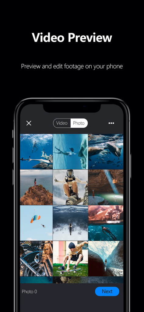 AKASO GO mobile app displaying a gallery of action camera photos and videos for preview and editing