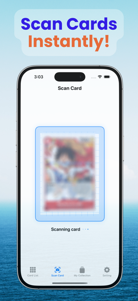 BountyScan: OP Card Collector - BountyScan mobile app screen showing the instant camera scanning feature for a One Piece trading card
