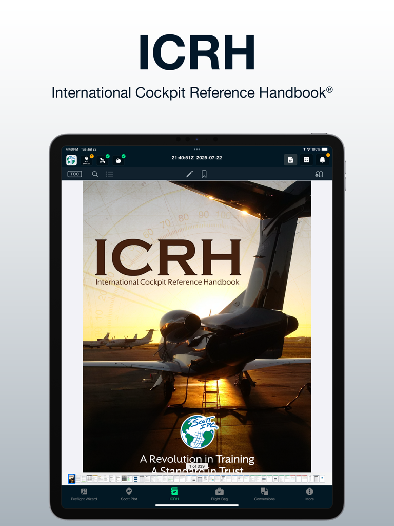 Manual de Referencia de Cabina Internacional mostrado en un iPad dentro de la aplicación Scott IPC