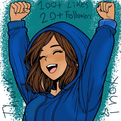 realistic girl with shoulder length hair wearing a hoodie celebrating