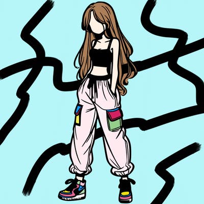 girl in baggy pants crop top and long hair