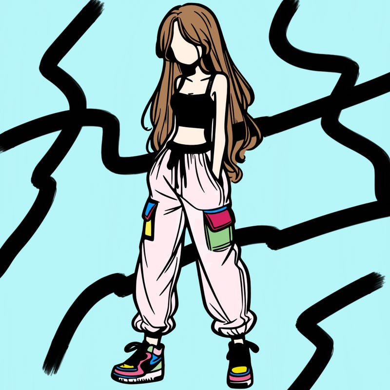 girl in baggy pants crop top and long hair