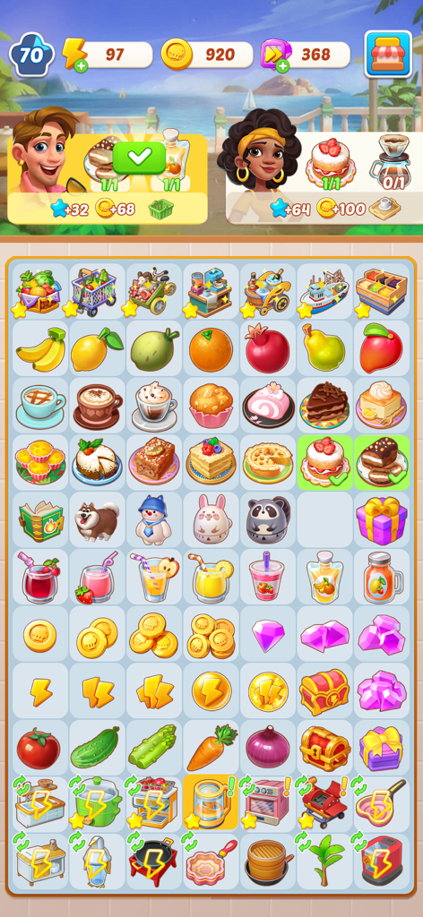 Merge Cooking® - Gameplay screen of Merge Cooking showing a board filled with food items to merge and fulfill orders.