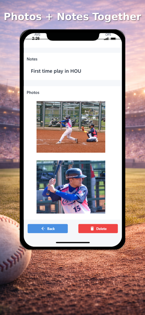My Batting Log - La interfaz de la aplicación Mi Registro de Bateo que muestra notas del juego y fotos de un jugador bateando.