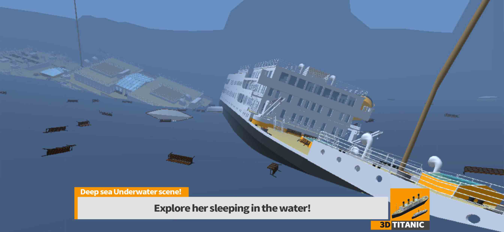 Une simulation 3D montrant l'épave du Titanic reposant au fond de la mer dans l'application TITANIC 3D