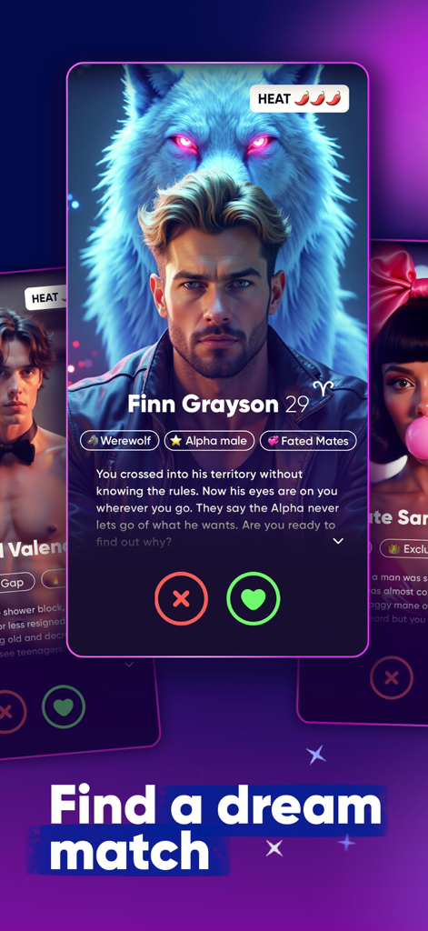 My Hot Diary: Love Story Games - Character profile card of a werewolf alpha male named Finn Grayson in the My Hot Diary love story game.