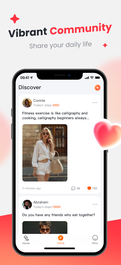 Interfaz de la aplicación StepFit que muestra el feed social Vibrant Community donde los usuarios comparten sus pasos diarios y estilo de vida fitness.