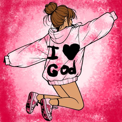 realistic girl jumping with a bun and oversized sweatshirt