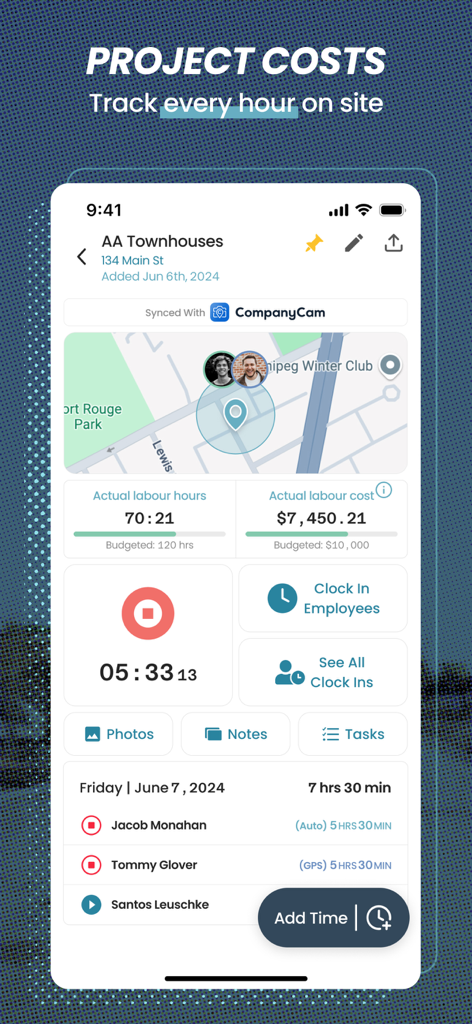ConstructionClock Time Tracker - Mobile app dashboard showing construction project labor hours and costs with worker locations on a map.
