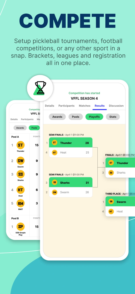 Screenshot of the Reclub app showing sports tournament brackets and semi-finals results