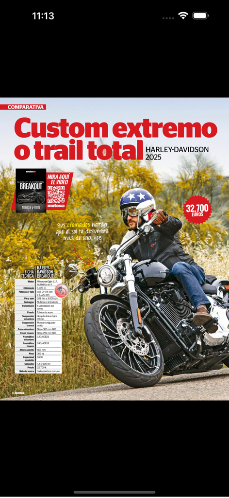 Motos Revista - Digital magazine page showing a 2025 Harley-Davidson Breakout review with technical specifications and a rider in a star helmet