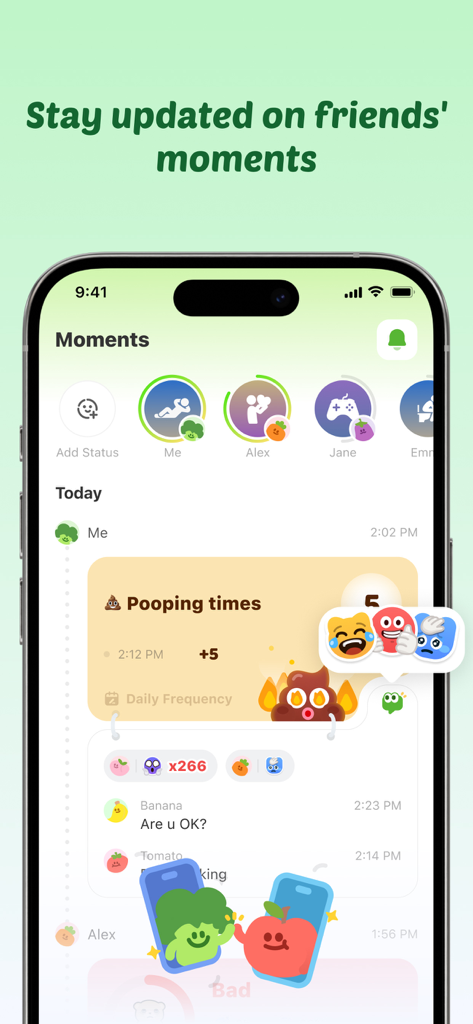 친구들의 일일 업데이트와 재미있는 상태 활동을 보여주는 Widgetable 앱 모먼트 피드 스크린샷