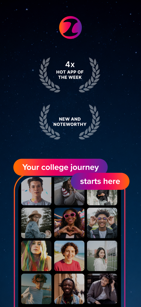 ZeeMee: Meet College Friends - Pantalla de inicio de la aplicación ZeeMee que muestra diversos perfiles de estudiantes universitarios y premios de la industria