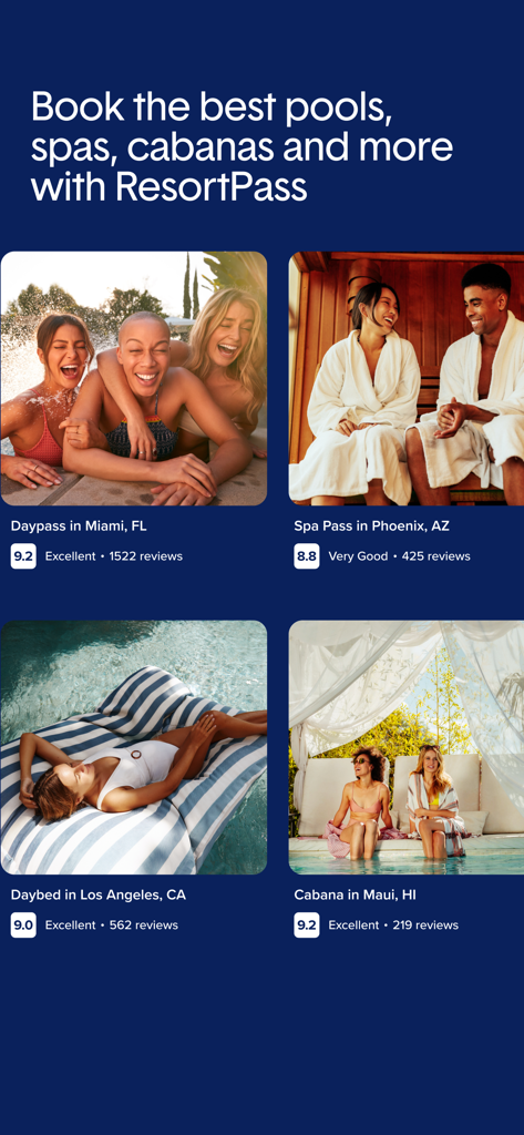 Visualizzazione dell'app ResortPass di pass giornalieri per piscine di lusso di hotel, spa e cabine
