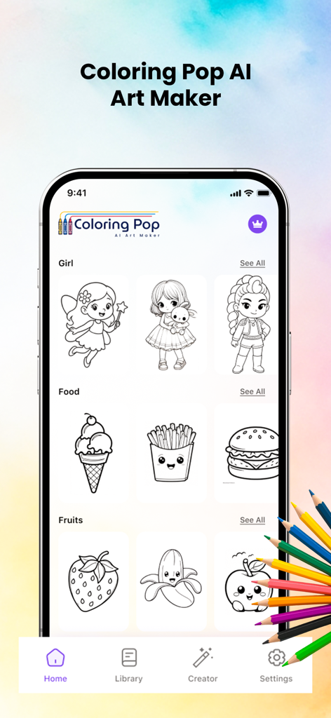 Coloring Pop - AI Art Maker - Schermata iniziale di Coloring Pop AI Art Maker con categorie di simpatici schizzi da colorare tra cui ragazze e cibo