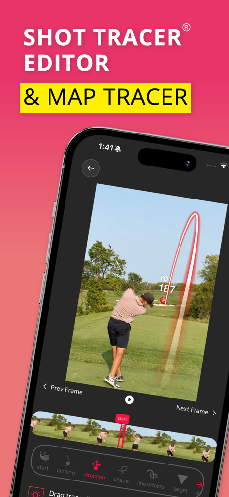 Interface de l'application Shot Tracer Editor montrant la trajectoire d'une balle de golf rouge sur une vidéo de swing.