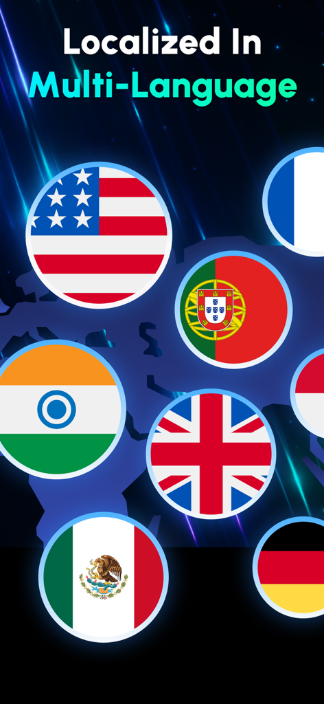 Interface do aplicativo Glow Art Drawing mostrando localização em vários idiomas com bandeiras nacionais circulares em um fundo escuro.