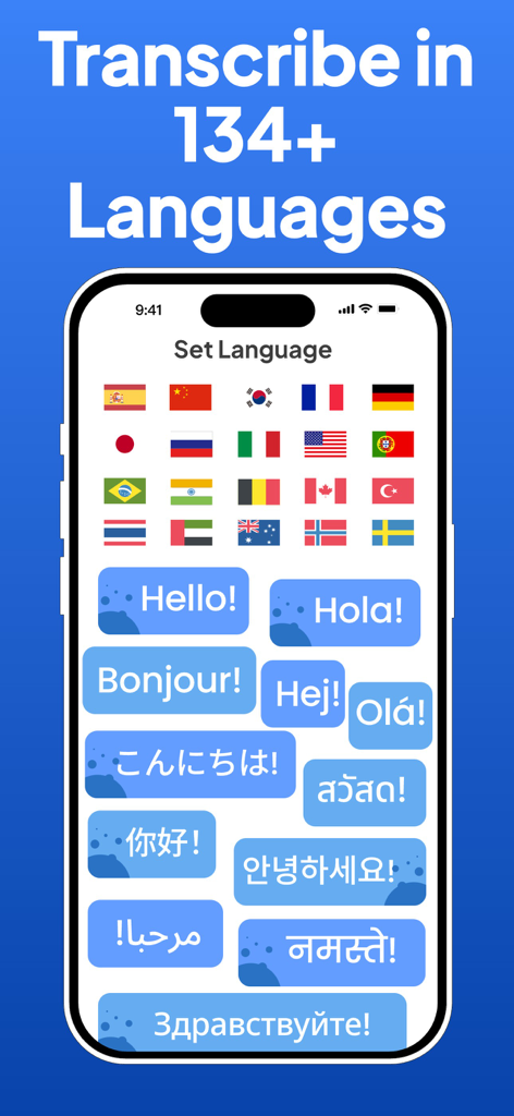 Transcribe AI Voice Note Taker - Interfaz de la aplicación móvil Transcribe AI que muestra soporte de transcripción para más de 134 idiomas con banderas globales y bocadillos de diálogo.