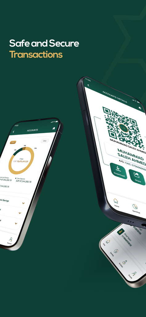 MyCAC Islamic - Mobile screens for MyCAC Islamic app highlighting safe transactions and QR code payments.