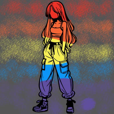 girl in baggy pants crop top and long hair