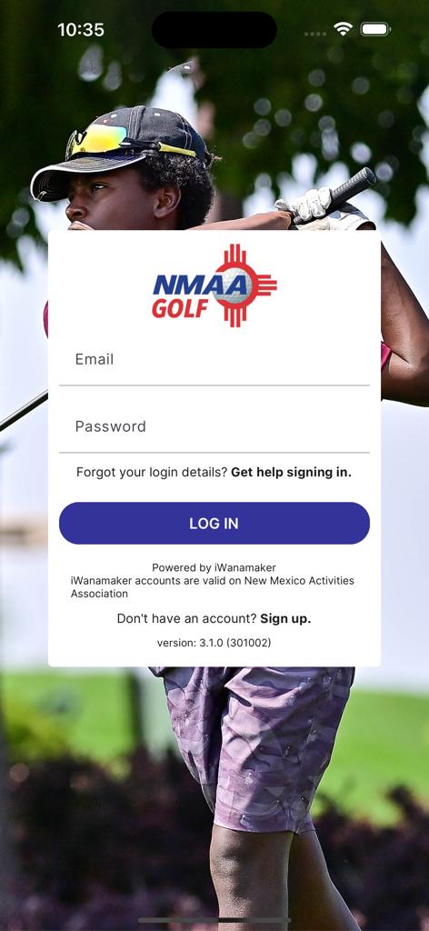NMAA Golf - Login screen for the NMAA Golf app with fields for email and password