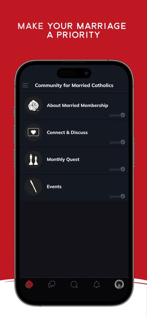 Marriage Every Day - カトリックのカップルのための毎月のクエストや「つながって話し合う」などのコミュニティ機能を示すMarriage Every Dayアプリのスマートフォンスクリーン。