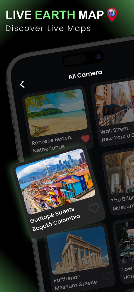 Live Earth Map - Online Camera - Mobile app interface for Live Earth Map showing live camera feeds from around the world including beaches and city streets