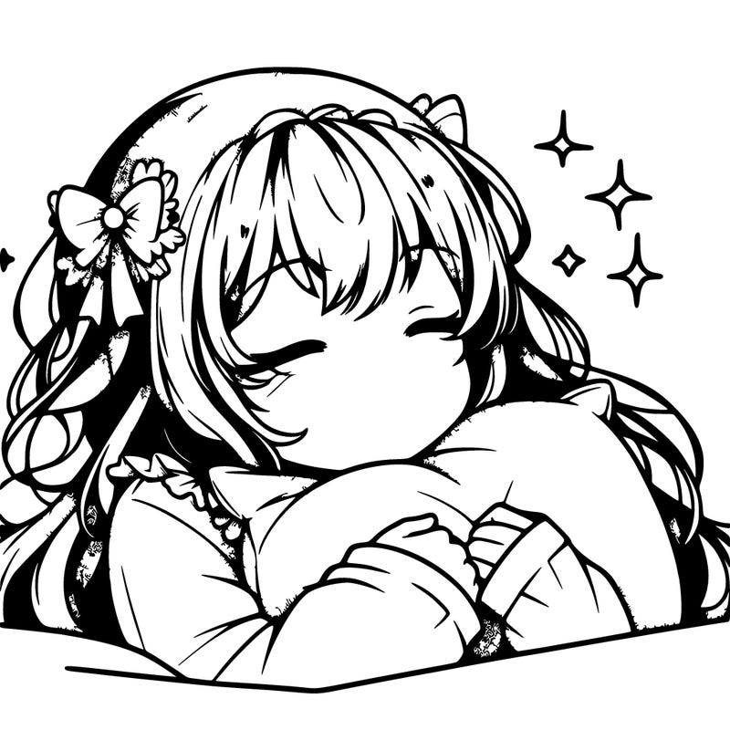 cute realistic anime girl sleepy holding pillow