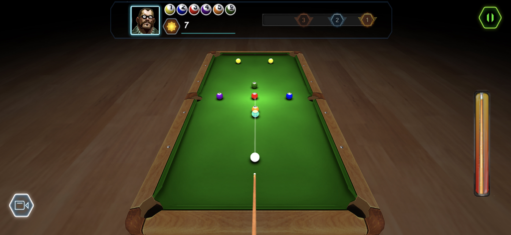 3D Pool Town - Billiards Games - プールスティックとエイミングラインのあるプールテーブルを示す、リアルな3Dビリヤードゲームのスクリーンショット