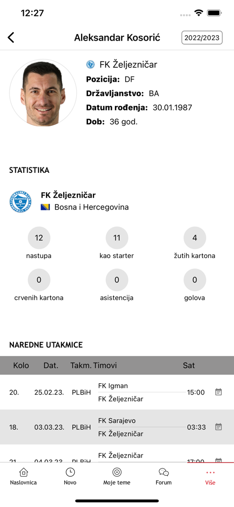 Football player profile for Aleksandar Kosoric in the SportSport.ba mobile application