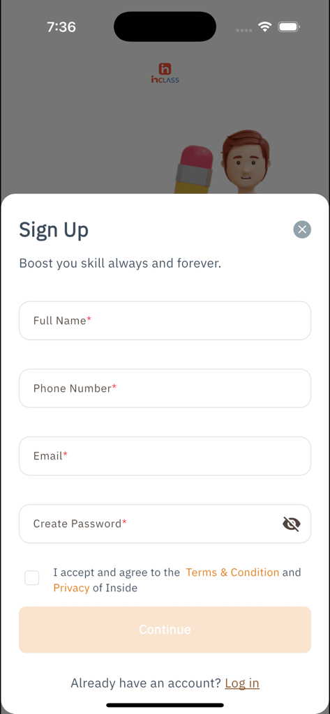 InClass KW - Sign up screen for the InClass KW educational app featuring a registration form for name email and phone number