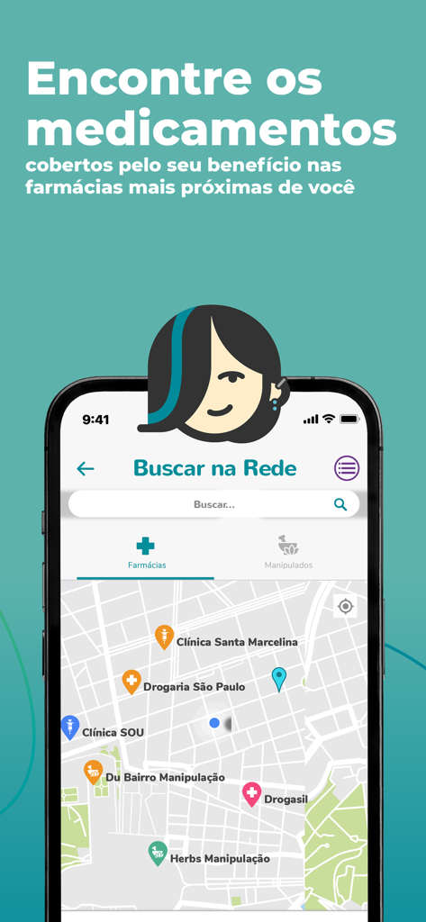 Vidalink - Vidalinkアプリのスクリーンショット。ネットワーク内の近くの薬局やヘルスケアクリニックを示す地図が表示されています。