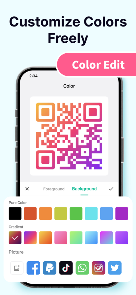 QR-Code Generator & QR Maker - Interfaccia di un generatore di codici QR che mostra opzioni per personalizzare i colori e aggiungere sfumature a un codice QR.