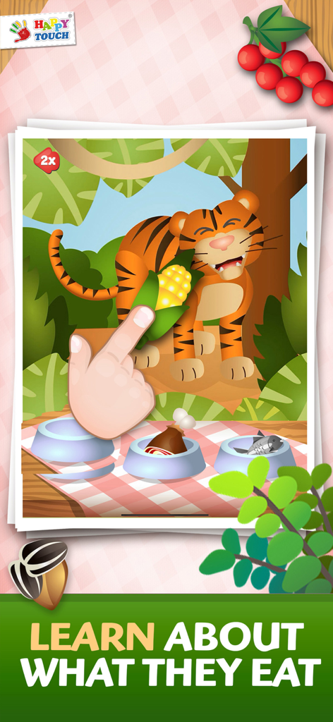 ANIMAL-GAMES Happytouch® - A cartoon tiger being fed corn in the HappyTouch animal education app for toddlers