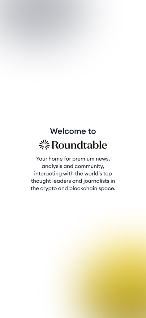 Roundtable (RTB) - Pantalla de bienvenida de la aplicación Roundtable, que se describe como una plataforma de noticias premium y comunidad para líderes de opinión en criptomonedas y blockchain.