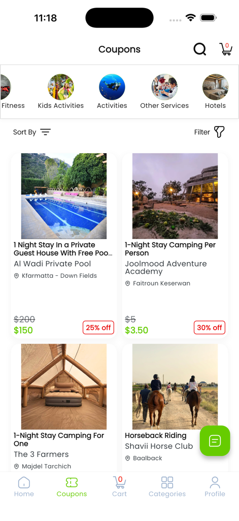 Makhsoom - Makhsoom app screen showing discounted coupons for guest houses, camping, and horseback riding in Lebanon.