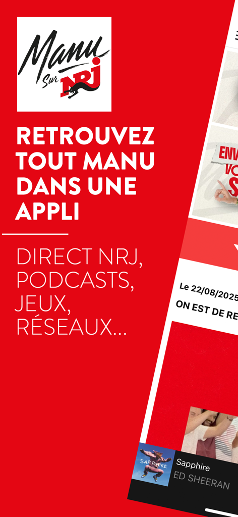 Manu sur NRJ - Interface de l'application mobile Manu sur NRJ mettant en avant la radio en direct, les podcasts et les jeux.