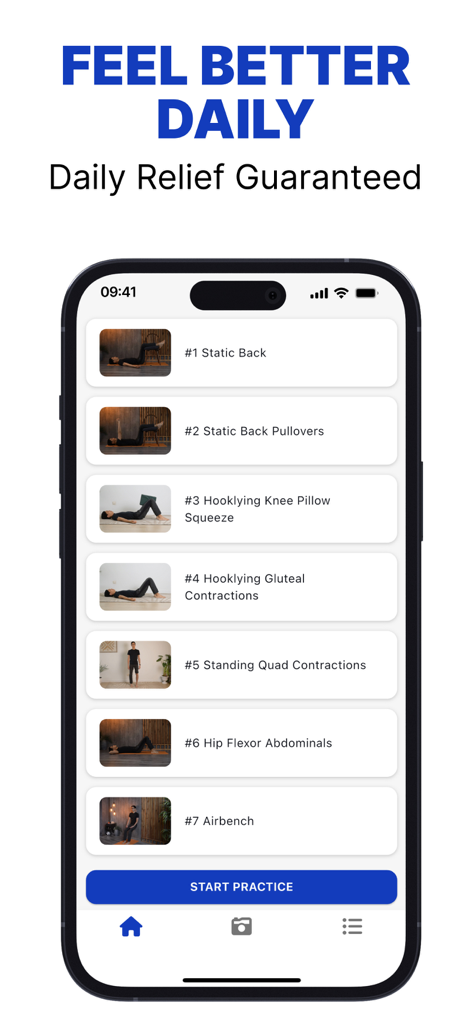 Postureletics Back Pain Relief - Smartphone display showing a sequence of daily exercises for posture therapy and back pain relief