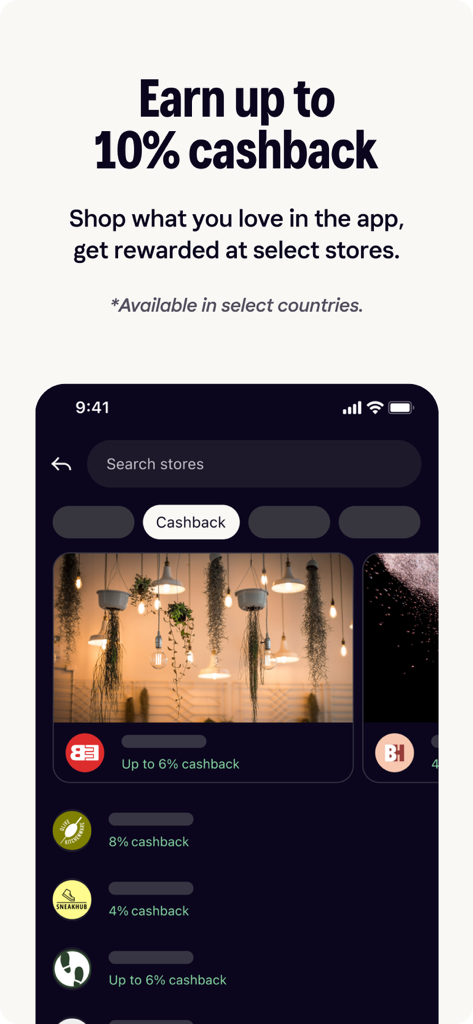 Klarna app screen showing up to ten percent cashback rewards at various retail stores