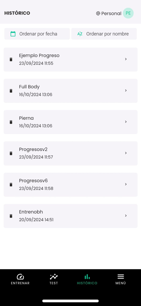 ADR System - ADR System training history screen showing a list of past workouts and progress reports