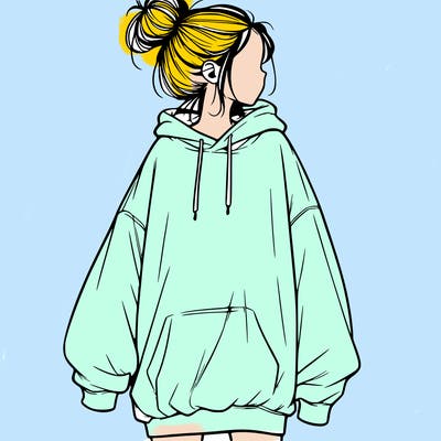 realistic girl with a oversized sweatshirt on and a bun