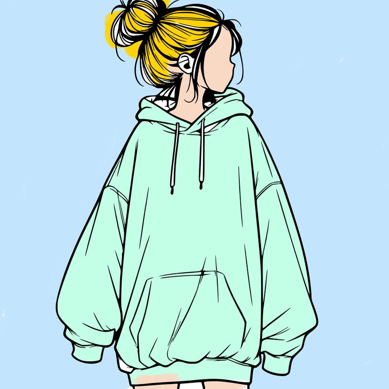 realistic girl with a oversized sweatshirt on and a bun