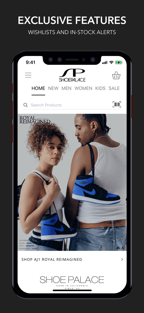 Shoe Palace - Pantalla de inicio de la aplicación Shoe Palace que muestra zapatillas Air Jordan 1 Royal Reimagined y funciones de compra exclusivas