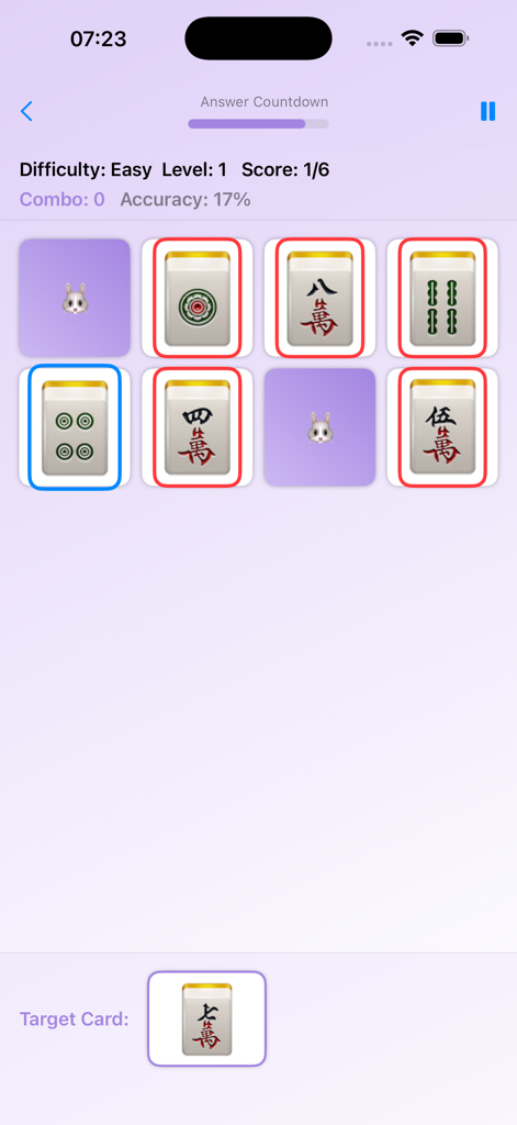 Interfaccia di gioco di MJFLipOnCt che mostra una sfida di abbinamento di carte di memoria con tessere mahjong.