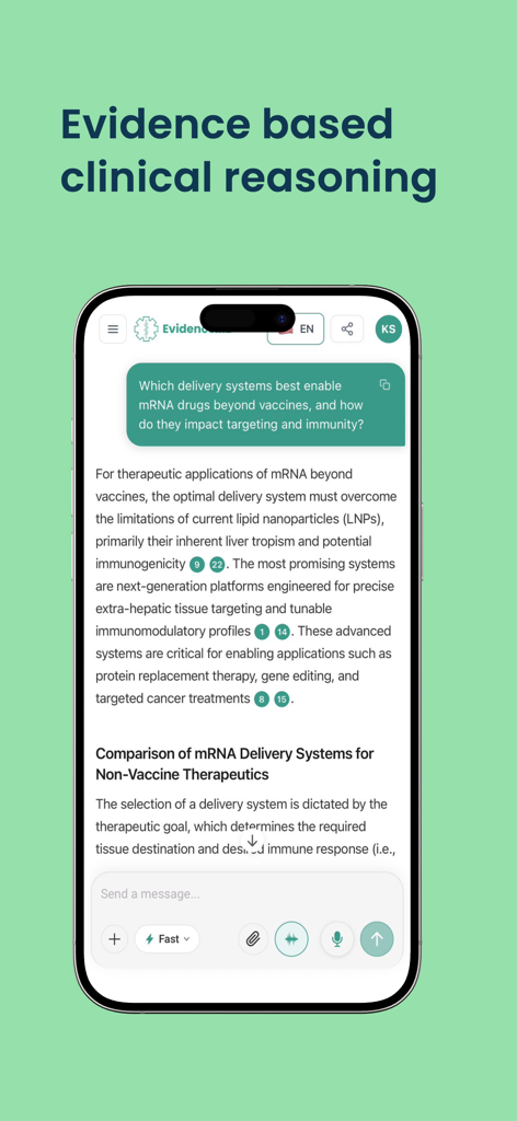 EvidenceMD- Medical Reasoning - EvidenceMD app interface displaying clinical reasoning for mRNA drugs with citations