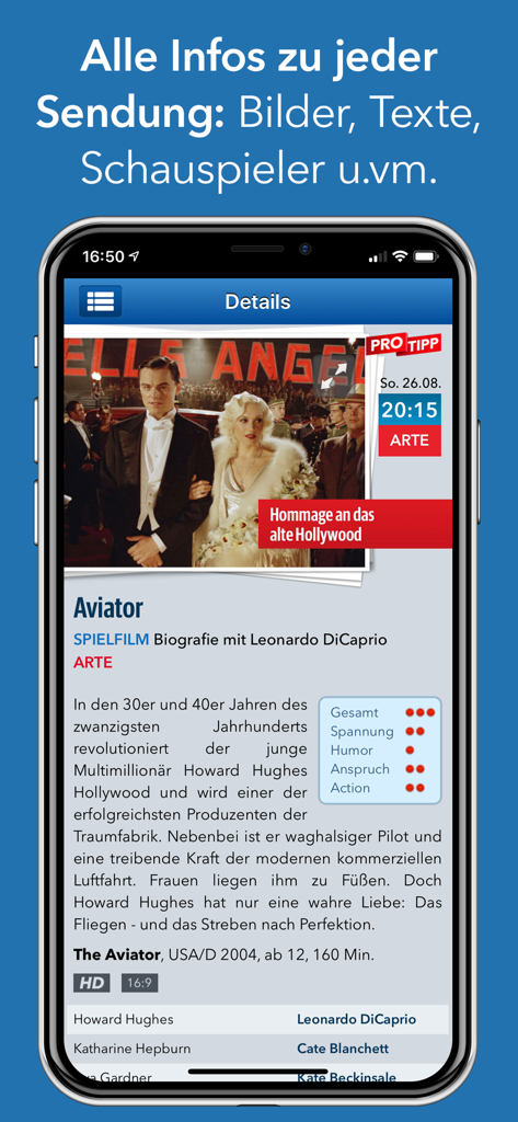 Detailed movie information page in the TV Pro Classic TV guide app
