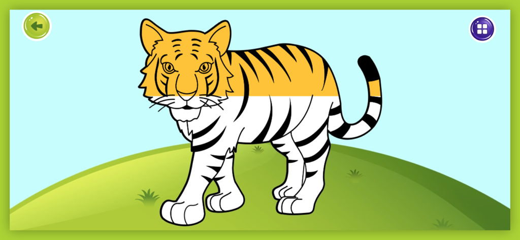 A digital tiger coloring activity for preschool children in the Kids All in One Pro app
