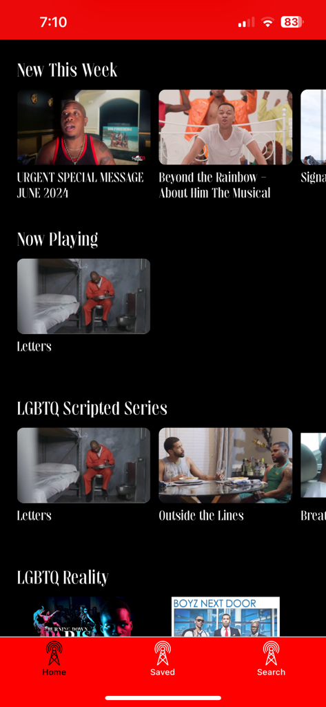Signal 23 Television - Signal 23 Television app home screen showing LGBTQ scripted and reality show categories