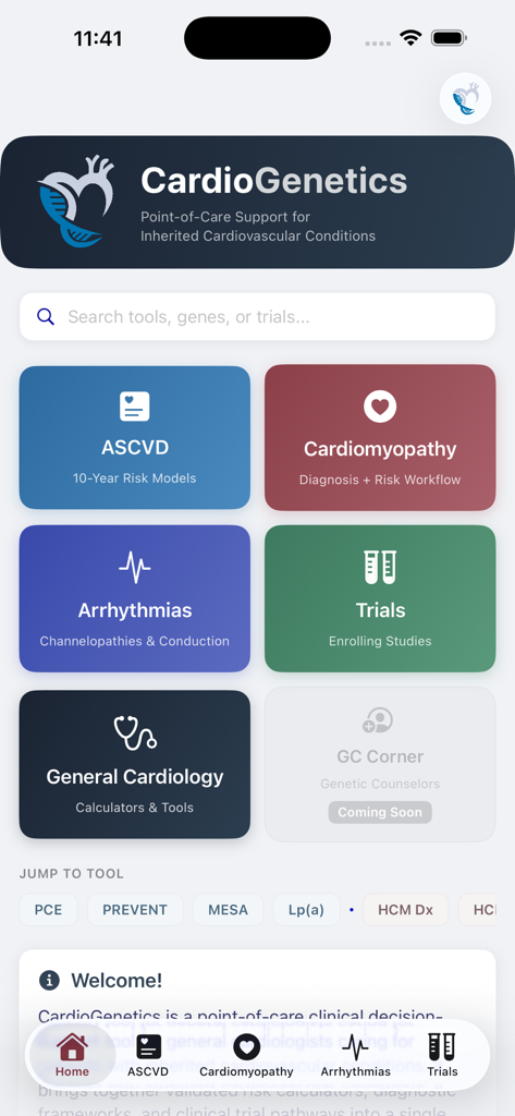 CardioGenetics - Main dashboard of the CardioGenetics app featuring clinical tools for ASCVD, cardiomyopathy, and arrhythmia risk stratification
